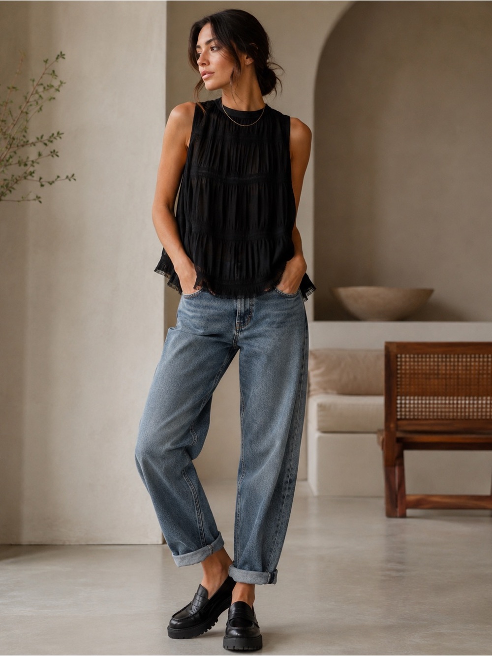 SUPERFINE Pleated Tiered Tank Top Size M Black Lace Trim Silky
